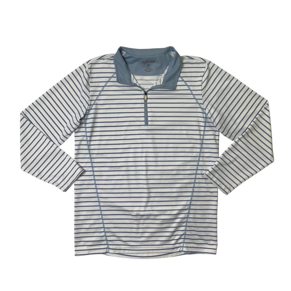 San Soleil Shirt Mens M Medium White Copen Blue Quarter Zip Striped UPF 50 Golf